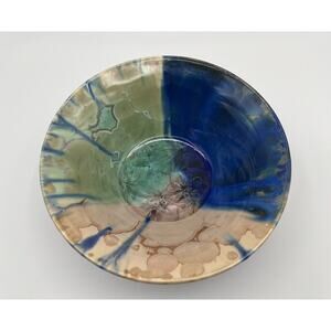 Studio Art Pottery Crystalline Glaze 7.5” Bowl Blue Green Tan ~ Signed